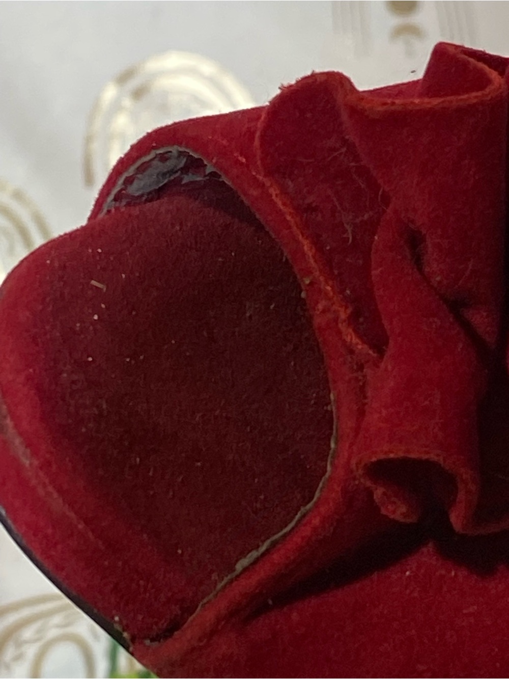 Women’s Red Suede Ruffle Peep-Toe High Heel Booties - Picture 13 of 15
